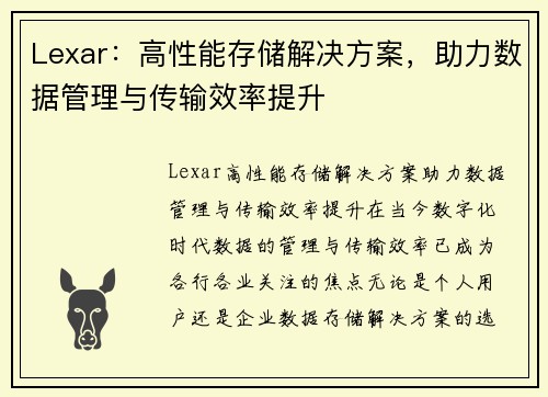 Lexar：高性能存储解决方案，助力数据管理与传输效率提升